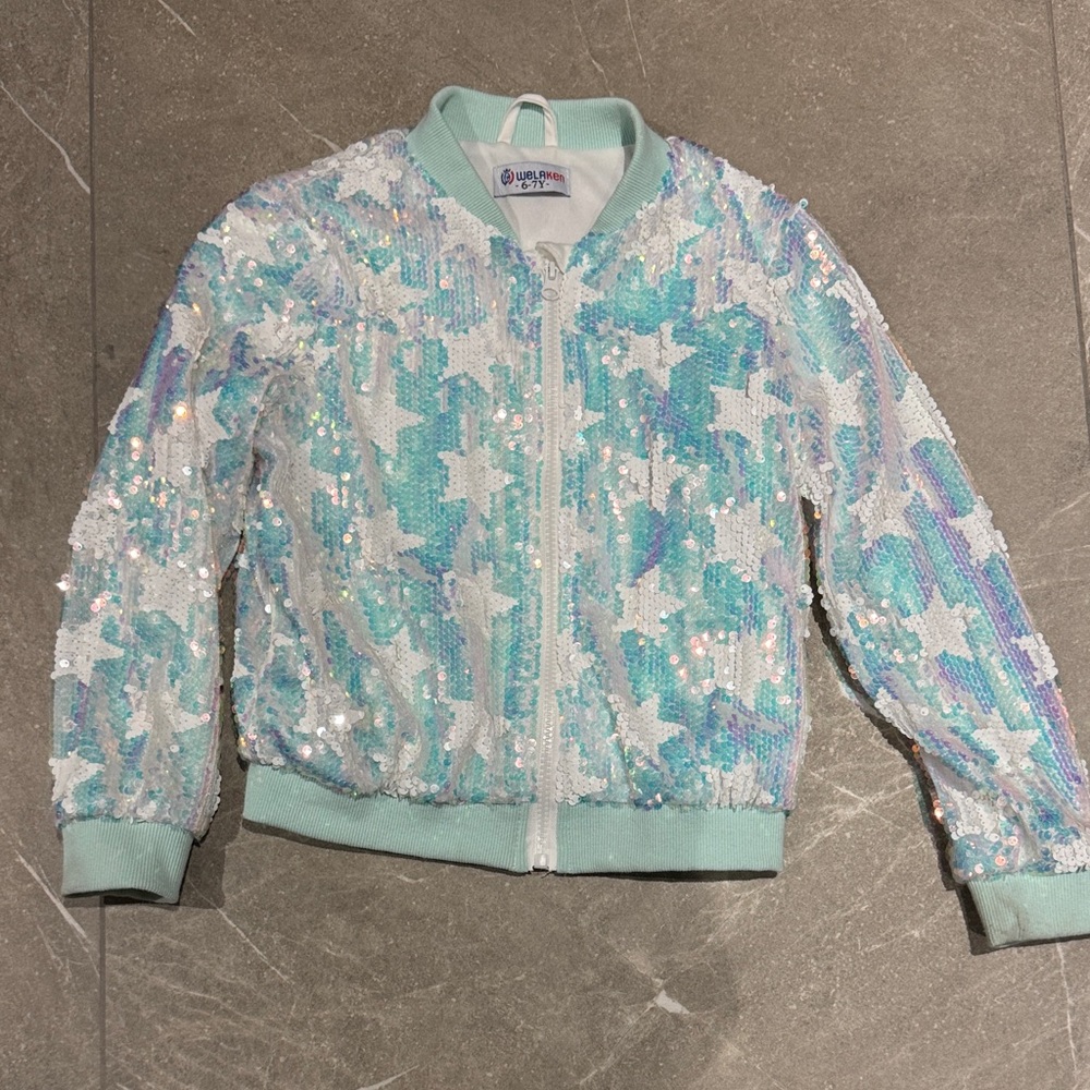 Velvet Sequin Star Bomber Jacket - Light Aqua
